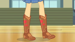 Size: 3410x1920 | Tagged: safe, imported from derpibooru, screencap, applejack, constructive criticism, equestria girls, equestria girls series, boots, close-up, clothes, constructive criticism: pinkie pie, cowboy boots, denim skirt, female, head out of frame, high res, legs, pictures of legs, shoes, skirt, solo