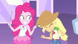 Size: 3410x1920 | Tagged: safe, imported from derpibooru, screencap, applejack, pinkie pie, constructive criticism, equestria girls, equestria girls series, applejack's hat, belt, broken hand, clothes, constructive criticism: pinkie pie, cowboy hat, cute, denim skirt, diapinkes, drumsticks, eyes closed, female, geode of sugar bombs, geode of super strength, grin, hat, high res, jackabetes, jewelry, magical geodes, necklace, skirt, smiling, tanktop