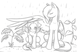 Size: 3083x2066 | Tagged: safe, artist:megabait, imported from derpibooru, oc, oc:lana, pony, grass, help, high res, inktober, inktober2021, inktoberday13, plants, rain, roof, sketch, wing umbrella, wings