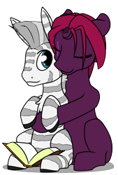 Size: 2700x4000 | Tagged: safe, artist:dacaoo, imported from derpibooru, tempest shadow, oc, pony, unicorn, zebra, blank flank tempest, book, broken horn, canon x oc, eye scar, female, horn, hug, larger female, male, scar, shipping, simple background, size difference, smaller male, transparent background, zebra oc