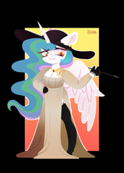 Size: 500x700 | Tagged: safe, artist:fourteennails, imported from derpibooru, princess celestia, alicorn, anthro, breasts, busty princess celestia, cigarette, cigarette holder, clothes, dress, female, hand on hip, hat, lady dimitrescu, mare, resident evil 8, smiling, smoking