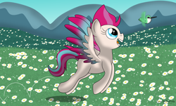 Size: 5030x3030 | Tagged: safe, artist:lynnthenerdkitty, imported from derpibooru, zipp storm, bird, hummingbird, pegasus, pony, female, g5, happy, mare, my little pony: a new generation, pronking, smiling, solo, spread wings, wings