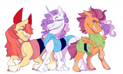 Size: 1280x771 | Tagged: safe, artist:glorymoon, imported from derpibooru, apple bloom, scootaloo, sweetie belle, earth pony, pegasus, pony, unicorn, blossom (powerpuff girls), bubbles (powerpuff girls), buttercup (powerpuff girls), clothes, cosplay, costume, cutie mark crusaders, dress, grin, nightmare night costume, simple background, smiling, the powerpuff girls, unshorn fetlocks, white background