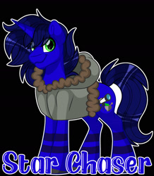 Size: 1600x1831 | Tagged: safe, artist:missbramblemele, imported from derpibooru, oc, oc only, oc:star chaser, pony, unicorn, black background, clothes, hoodie, male, simple background, solo, stallion