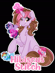 Size: 1600x2114 | Tagged: safe, artist:missbramblemele, imported from derpibooru, pinkie pie, rainbow dash, twilight sparkle, oc, oc:hibiscus stitch, alicorn, pony, unicorn, black background, female, magic, mare, plushie, simple background, twilight sparkle (alicorn)