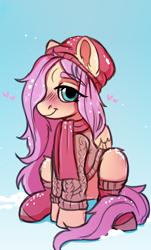 Size: 3192x5288 | Tagged: safe, artist:dinoalpaka, imported from derpibooru, fluttershy, pegasus, pony, absurd resolution, blushing, clothes, cute, daaaaaaaaaaaw, eye clipping through hair, eyebrows, eyebrows visible through hair, female, hat, heart, looking at you, mare, outdoors, scarf, shyabetes, sitting, smiling, smiling at you, snow, socks, solo, stockings, sweater, thigh highs, winter, winter outfit