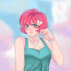 Size: 1050x1050 | Tagged: safe, artist:lizzchan, imported from derpibooru, fluttershy, human, breasts, busty fluttershy, cleavage, cloud, female, humanized, short hair, solo