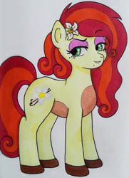 Size: 400x552 | Tagged: safe, artist:matbenetti17, imported from derpibooru, oc, oc only, oc:vanilla flower, earth pony, pony, beauty mark, eyeshadow, female, flower, flower in hair, makeup, mare, mole, offspring, parent:cherry jubilee, parent:trouble shoes, parents:cherryshoes, traditional art