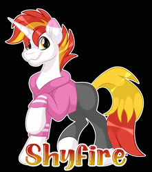 Size: 1600x1812 | Tagged: safe, artist:missbramblemele, imported from derpibooru, oc, oc only, oc:shyfire, pony, unicorn, black background, clothes, heterochromia, hoodie, horn, male, outline, pants, raised hoof, simple background, solo, stallion, tail, two toned mane, two toned tail, unicorn oc, white outline
