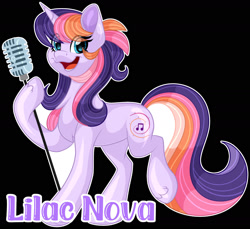 Size: 1600x1466 | Tagged: safe, artist:missbramblemele, imported from derpibooru, oc, oc only, oc:lilac nova, pony, unicorn, black background, female, mare, microphone, simple background