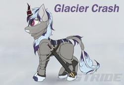 Size: 3501x2420 | Tagged: safe, artist:shade stride, imported from derpibooru, oc, oc only, oc:glacier crash, kirin, armor, genderless, high res, horn, kirin oc, simple background, solo, sword, text, watermark, weapon