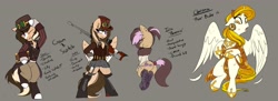 Size: 4096x1488 | Tagged: safe, artist:beardie, imported from derpibooru, oc, oc only, oc:buttercream scotch, oc:chrona, oc:ira, earth pony, hippogriff, pegasus, bipedal, female, gun, male, steampunk, weapon