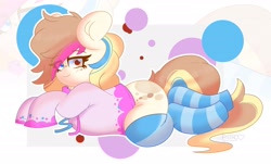 Size: 4096x2470 | Tagged: safe, artist:retrohearts_ad, imported from derpibooru, oc, oc only, oc:pancake wishes, pony, clothes, socks, solo, striped socks