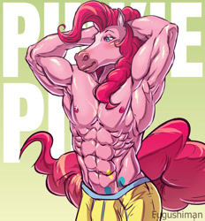 Size: 1280x1381 | Tagged: safe, artist:fugushima, imported from derpibooru, pinkie pie, anthro, abs, bara, bubble berry, clothes, hand on head, hoers, male, male nipples, muscles, muscular male, nipples, nudity, partial nudity, pink body, pinkie pump, rule 63, topless