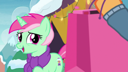 Size: 1920x1080 | Tagged: safe, imported from derpibooru, screencap, applejack, minty bubblegum, pony, unicorn, best gift ever, bag, clothes, female, mare, open mouth, scarf, shopping bag