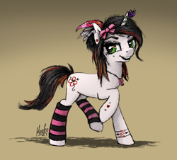 Size: 1194x1080 | Tagged: safe, artist:magfen, imported from derpibooru, oc, oc only, oc:bloody herb, pony, unicorn, bow, bracelet, clothes, ear piercing, feather, female, flower, green eyes, hair bow, hoofless socks, horn, jewelry, leg warmers, looking at you, mare, open mouth, piercing, raised hoof, raised leg, signature, simple background, socks, solo, striped socks, teeth, walking, whistle, whistle necklace, white coat