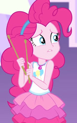 Size: 1196x1920 | Tagged: safe, imported from derpibooru, screencap, pinkie pie, constructive criticism, equestria girls, equestria girls series, blue eyes, clothes, constructive criticism: pinkie pie, cropped, cute, cutie mark on clothes, drumsticks, geode of sugar bombs, hairband, jewelry, lip bite, magical geodes, necklace, nervous, pink hair, pink skin, rah rah skirt, skirt, solo, tanktop, teeth, waiting