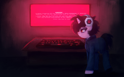 Size: 2000x1248 | Tagged: safe, artist:menalia, imported from derpibooru, oc, oc only, oc:music overload, pony, unicorn, aesthetics, black mane, blue screen of death, clothes, dark room, female, headphones, hoodie, horn, keyboard, mare, microsoft, microsoft windows, pants, shoes, table, walking