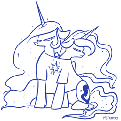 Size: 2048x2048 | Tagged: safe, artist:pfeffaroo, imported from derpibooru, princess celestia, princess luna, alicorn, pony, celestia is not amused, clothes, duo, get along shirt, high res, luna is not amused, monochrome, royal sisters, shared clothing, shirt, siblings, simple background, sisters, t-shirt, twilight sparkle's cutie mark, unamused, white background