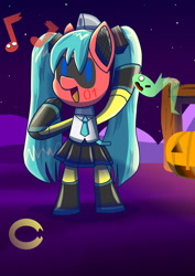 Size: 1280x1810 | Tagged: safe, artist:trackheadtherobopony, imported from derpibooru, oc, oc only, oc:trackhead, pony, robot, robot pony, chibi, clothes, cosplay, costume, hatsune miku, music notes, nightmare night, pumpkin, solo, vocaloid