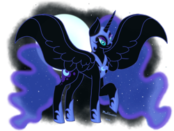 Size: 960x720 | Tagged: safe, artist:madlilon2051, imported from derpibooru, nightmare moon, alicorn, pony, ethereal mane, eyelashes, female, full moon, helmet, hoof shoes, horn, mare, moon, peytral, raised hoof, simple background, spread wings, starry mane, stars, transparent background, wings