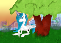 Size: 2920x2080 | Tagged: safe, artist:herusann, imported from derpibooru, oc, oc only, alicorn, pony, alicorn oc, eyelashes, female, high res, horn, lying down, mare, outdoors, prone, solo, tree, wings