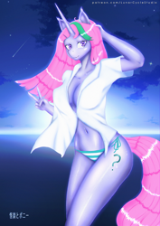 Size: 800x1133 | Tagged: safe, artist:yoye-wolfgrel, imported from derpibooru, oc, oc only, anthro, unicorn, absolute cleavage, anthro oc, breasts, cleavage, female, hand on head, horn, kaidantoponi, looking at you, lunarcyclestudio, patreon, peace sign, smiling, smiling at you, solo, unicorn oc