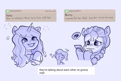 Size: 2100x1400 | Tagged: safe, artist:matterproblem, imported from derpibooru, izzy moonbow, pipp petals, sunny starscout, earth pony, pegasus, pony, unicorn, blushing, bracelet, braid, cellphone, crying, female, floppy ears, frown, g5, grin, heart, heart tongue, hoof hold, hoof on chin, horn, izzyscout, jewelry, lesbian, looking at something, mare, my little pony: a new generation, open mouth, open smile, phone, shipper on deck, shipping, smiling, trio, trio female, unshorn fetlocks