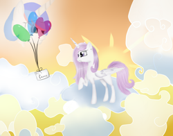 Size: 3920x3080 | Tagged: safe, artist:herusann, imported from derpibooru, oc, oc only, alicorn, pony, alicorn oc, balloon, cloud, female, high res, horn, mare, on a cloud, outdoors, raised hoof, solo, sun, wings