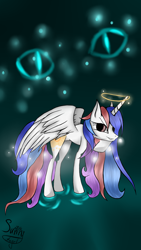 Size: 1836x3264 | Tagged: safe, artist:herusann, imported from derpibooru, oc, oc only, alicorn, pony, alicorn oc, female, halo, horn, mare, raised hoof, signature, smiling, solo, wings