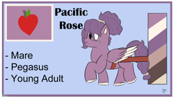 Size: 1192x670 | Tagged: safe, artist:schumette14, imported from derpibooru, oc, oc only, oc:pacific rose, pegasus, pony, alternate universe, apple, female, food, mare, multiverse, offspring, parent:big macintosh, parent:marble pie, parents:marblemac, solo