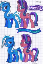 Size: 1632x2404 | Tagged: safe, artist:karadeg, imported from derpibooru, starlight glimmer, trixie, pony, unicorn, my little pony: the movie, duo, duo female, female, g4, g4 to g5, g5, graph paper, grin, logo, looking at you, mare, my little pony: a new generation, smiling, smiling at you, smirk, traditional art