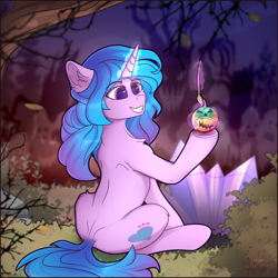 Size: 2550x2550 | Tagged: safe, artist:lakunae, imported from derpibooru, izzy moonbow, pony, unicorn, ball, cute, eyebrows, eyebrows visible through hair, female, g5, glowing, glowing horn, grin, halloween, high res, holiday, horn, izzybetes, magic, magic aura, mare, my little pony: a new generation, paintbrush, rear view, sitting, smiling, solo, telekinesis, tennis ball