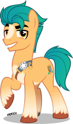 Size: 2367x4000 | Tagged: safe, alternate version, artist:orin331, imported from derpibooru, hitch trailblazer, earth pony, pony, spoiler:my little pony: a new generation, badge, blaze (coat marking), cloven hooves, coat markings, cute, dreamworks face, facial markings, g4, g5, g5 to g4, handsome, high res, hitchbetes, looking at you, male, my little pony: a new generation, raised hoof, sash, shadow, simple background, smiling, socks (coat markings), solo, stallion, standing, tail, transparent background, unshorn fetlocks