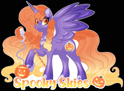 Size: 1600x1176 | Tagged: safe, artist:missbramblemele, imported from derpibooru, oc, oc only, oc:spooky skies, alicorn, pony, black background, female, halloween, holiday, jack-o-lantern, mare, pumpkin, scepter, simple background, solo