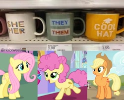 Size: 892x720 | Tagged: safe, edit, editor:notxweeb, imported from derpibooru, applejack, fluttershy, li'l cheese, earth pony, pegasus, pony, the last problem, applejack's hat, cowboy hat, hat, meme, mug, orange skin, pronouns, watermark, yellow skin