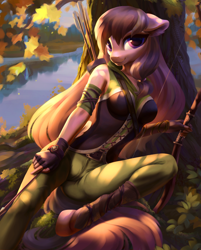 Size: 3042x3792 | Tagged: safe, artist:jumperkit, imported from derpibooru, oc, oc only, oc:dawnsong, anthro, earth pony, unguligrade anthro, arrow, autumn, bow, bow (weapon), bow and arrow, breasts, clothes, commission, female, high res, lake, leaves, looking at you, pants, quiver, smiling, smiling at you, solo, tree, water, weapon