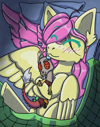 Size: 1280x1634 | Tagged: safe, artist:chriswannabite, imported from derpibooru, discord, fluttershy, pegasus, ^^, bed, big ears, blushing, covers, crush plush, eyes closed, happy, holding, hug, legs in air, merchandise, pillow, plushie, sleeping, smiling