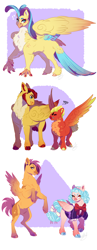 Size: 1700x4400 | Tagged: safe, artist:theartfox2468, imported from derpibooru, cozy glow, flash magnus, princess skystar, scootaloo, short fuse, hippogriff, pegasus, pony, my little pony: the movie, alternate hairstyle, angry, annoyed, beard, bipedal, bowtie, chest fluff, clothes, description is relevant, dress, ear piercing, earring, easter egg, facial hair, female, grin, gritted teeth, headcanon, headcanon in the description, jewelry, male, mare, markings, missing cutie mark, older, older cozy glow, older scootaloo, piercing, redesign, size difference, smiling, squid game, stallion, trans male, transgender, unshorn fetlocks, when you see it