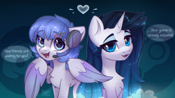 Size: 1280x716 | Tagged: safe, artist:radioaxi, imported from derpibooru, oc, oc only, pegasus, pony, unicorn, colored wings, dialogue, discord (program), duo, female, headset, heart, lidded eyes, mare, multicolored wings, open mouth, ponified, smiling, steam (software), wings