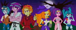 Size: 8266x3308 | Tagged: safe, artist:urhangrzerg, imported from derpibooru, adagio dazzle, aria blaze, sonata dusk, equestria girls, allegro amoroso, clothes, costume, equestria guys, halloween, halloween costume, holiday, male, ouvertis grandioso, r63 paradox, rule 63, scherzo lesto, the blindings, the dazzlings