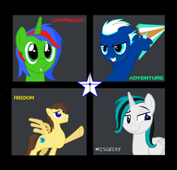 Size: 1042x1000 | Tagged: safe, artist:lukington17, derpibooru exclusive, imported from derpibooru, oc, oc only, oc:andridash, oc:christian clefnote, oc:electric blue, oc:luke quint, pegasus, unicorn, :p, beard, contrail, facial hair, flying, friends, male, mischievous, ms paint, pegasus oc, pointing, simple background, smiling, smirk, spirit, stars, tongue out