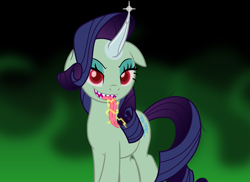 Size: 3214x2334 | Tagged: safe, alternate version, artist:badumsquish, derpibooru exclusive, imported from derpibooru, rarity, sprout cloverleaf, pony, unicorn, spoiler:my little pony: a new generation, alternate color palette, electricity, evil rarity, female, forked tongue, g5, green coat, grin, high res, horn, horn blade, long tongue, looking at you, my little pony: a new generation, possessed, prologue, pure unfiltered evil, red eyes, sharp teeth, show accurate, smiling, smirk, solo, sproutity, teeth, tongue out