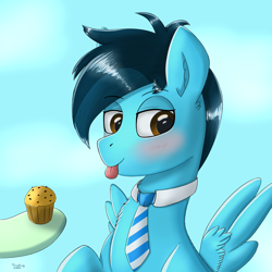 Size: 3000x3000 | Tagged: safe, artist:mrcelroy, imported from derpibooru, oc, oc only, oc:mrcelroy, oc:yakashi, pegasus, pony, blushing, bust, cloud, food, high res, hooves, muffin, necktie, portrait, solo, tongue out, wings