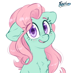 Size: 3000x3000 | Tagged: safe, artist:fluffyxai, imported from derpibooru, minty, pony, blushing, chest fluff, cute, fluffy, high res, looking at you, simple background, smiling, smiling at you, solo, white background