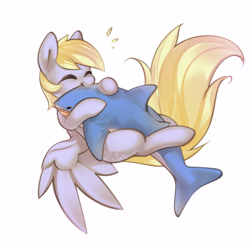 Size: 2500x2500 | Tagged: safe, alternate version, artist:mirroredsea, imported from derpibooru, derpy hooves, pegasus, pony, shark, alternate character, blåhaj, commission, cute, derpabetes, eyes closed, female, high res, hug, mare, nom, plushie, shark plushie, simple background, smiling, solo, white background, wings, ych result