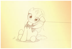 Size: 1789x1213 | Tagged: safe, artist:sherwoodwhisper, imported from derpibooru, oc, oc:eri, pony, unicorn, cape, clothes, cute, female, filly, inktober, inktober 2021, monochrome, paper cup, phone, string, tin can telephone