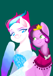 Size: 2039x2893 | Tagged: safe, artist:crystal62829002, imported from derpibooru, pipp petals, zipp storm, pegasus, pony, adorapipp, adorazipp, anna, clothes, cosplay, costume, cute, disney, duo, elsa, female, frozen (movie), g5, green background, high res, my little pony: a new generation, royal sisters (g5), siblings, simple background, sisters