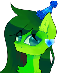 Size: 804x998 | Tagged: safe, artist:minty--fresh, imported from derpibooru, oc, oc only, pony, big eyelashes, big eyes, chest fluff, cute, ear fluff, female, green eyes, green mane, hat, pfp, piercing, simple background, solo, transparent background