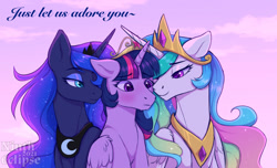 Size: 1280x779 | Tagged: safe, artist:nintheclipse, imported from derpibooru, princess celestia, princess luna, twilight sparkle, alicorn, pony, bedroom eyes, blushing, crossed horns, crown, female, hair over one eye, horn, horns are touching, jewelry, lesbian, looking at someone, mare, movie reference, personal space invasion, peytral, polyamory, regalia, shipping, smiling, song reference, steven universe, steven universe: the movie, twilestia, twilight sparkle (alicorn), twiluna, twilunestia